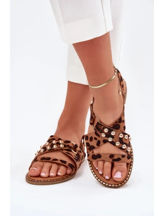 Sandały Damskie Na Płaskim Obcasie Ze Złotymi Ćwiekami Panterka Zanira