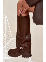 Ocieplane Kozaki Z Wywiniętą Cholewką I Klamrą Czekoladowe Fiorae