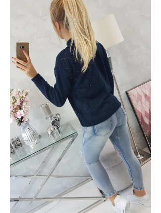 Sveter s polovičným rolákom a kosoštvorcovým vzorom tmavo modrý