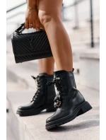 Eko Skórzane Botki Workery Damskie Z Przypinkami Czarne Rianael