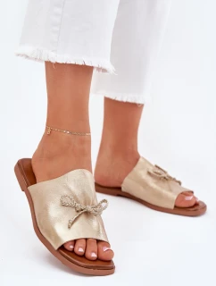 Klapki Damskie Na Płaskim Obcasie Z Ozdobnym Wiązaniem Złote Norela