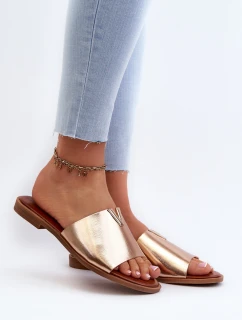 Klapki Damskie Eko Skórzane Na Płaskim Obcasie Złote Maliha