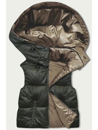 Dámska krátka vesta v khaki farbe s kapucňou (B8156-11) - Goodlooking