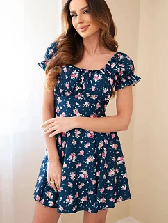 Dámske šaty s kvetinovým vzorom s volánovými rukávmi a elastickým pásom tmavomodré