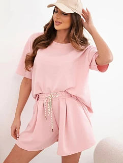 Dámsky viskózový maslový set s krátkym rukávom a šortkami s vysokým pásom púdrovo ružový