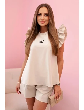 Dámska súprava s volánom - blúzka s krátkym rukávom a šortky s gumičkou béžová
