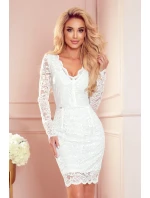 Dámske krajkové šaty v ecru farbe s dlhými rukávmi a výstrihom 170-11