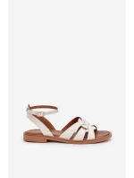 Skórzane Sandały Damskie Na Płaskim Obcasie Zazoo 3688 Ecru