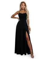 589-5 Maxi šaty bez ramienok s korzetovým zaväzovaním vzadu a rozparkom - čierne