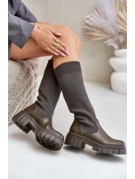 Kozaki Z Elastyczną Cholewką Na Płaskim Obcasie Ciemnozielone Mesidra