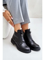 Skórzane Botki Na Płaskim Obcasie Ocieplane Czarne Komisa