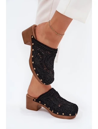 Szydełkowe Klapki Damskie Na Obcasie Czarne Senevia