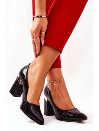 Skórzane Czółenka Lewski Wężowe 3117 Czarne