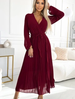 537-1 Plisované šifónové šaty s výstrihom, dlhými rukávmi a viazaným opaskom - Bordeaux