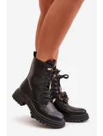 Eko Skórzane Botki Workery Damskie Z Przypinkami Czarne Rianael