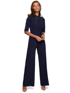 Dámsky elegantný overal so zaväzovaním za krkom S243 tmavomodrý - Stylove
