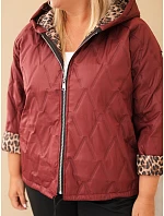 Dámska bunda vo veľkosti Plus Size s kapucňou a leopardovým lemovaním, bordó-červená