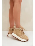 Skórzane Sneakersy Trapery Damskie Z Futerkiem Na Platformie Big Star OO274A330 Beżowe