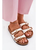 Materiałowe Klapki Damskie Na Korkowej Platformie Z Klamrami Białe Osoffe