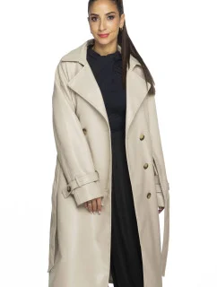 Béžový dvojradový klasický dámsky kabát z ekologickej kože AnnGissy (AG6-30)