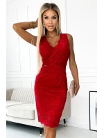 383-5 Čipkované MIDI šaty s obálkovým výstrihom - ČERVENÉ