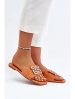 Klapki Damskie Na Płaskim Obcasie Z Ozdobą Pomarańczowe Inaile