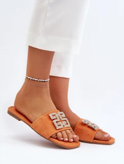 Klapki Damskie Na Płaskim Obcasie Z Ozdobą Pomarańczowe Inaile