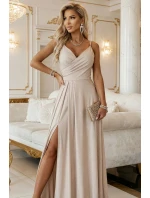 299-20 CHIARA Maxi šaty bez ramienok s obálkovým výstrihom a rozparkom na nohách - béžové s trblietkami