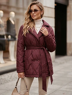 Dámsky kabát na prechodné obdobie s opaskom, bordová farba, FashionStreet TY5806