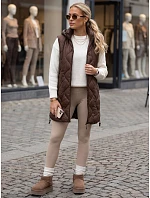 Dlhá dámska prešívaná vesta s kapucňou, hnedá, FashionStreet TY6013