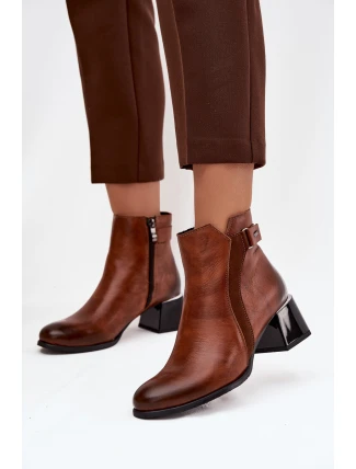 Skórzane Botki Damskie Na Obcasie Ocieplane Zazoo 60563 Brązowe