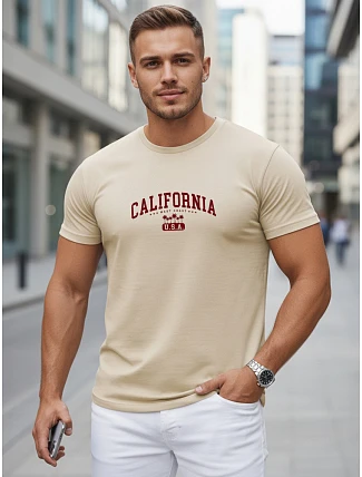 Pánske bavlnené tričko s potlačou „California“, béžové, FashionStreet NX5140R Pánske bavlnené tričko s potlačou „California“, béžové, FashionStreet NX5140R