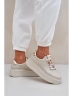 Damskie Skórzane Sneakersy Na Platformie Z Ozdobami CheBello 4292 Jasnobeżowe