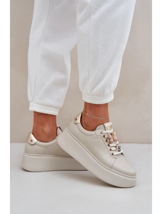 Damskie Skórzane Sneakersy Na Platformie Z Ozdobami CheBello 4292 Jasnobeżowe