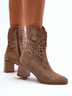 Dámske členkové topánky s dierkovaným zvrškom na bloku ASA217-7 Béžová - Jezzi