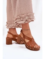 Skórzane Sandały Na Słupku Zazoo 1081 Brązowe