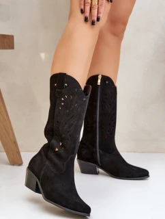 Zamszowe Kozaki Z Ażurową Cholewką Zazoo 3609 Czarne