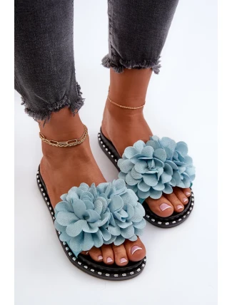 Dámske papuče zdobené kvetmi, modrý celan Dámske papuče zdobené kvetmi, modrý celan
