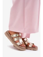 Klapki Damskie Z Naturalnej Skóry Na Platformie Zazoo 40440 Złote