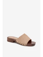 Dámske ploché papuče na podpätku so zlatými prackami Beige Girella Dámske ploché papuče na podpätku so zlatými prackami Beige Girella