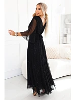 654-5 Dlhé lesklé plus size šaty s výstrihom a priehľadnými rukávmi - čierne