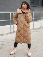 Dámsky dlhý prešívaný kabát FEMACOAT s kapucňou, béžový, FashionStreet TY4592 Dámsky dlhý prešívaný kabát FEMACOAT s kapucňou, béžový, FashionStreet TY4592