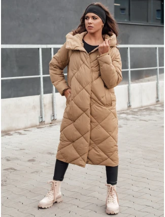 Dámsky dlhý prešívaný kabát FEMACOAT s kapucňou, béžový, FashionStreet TY4592 Dámsky dlhý prešívaný kabát FEMACOAT s kapucňou, béžový, FashionStreet TY4592
