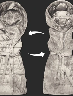 Minoritská béžová hrubá obojstranná vesta s perím a umelou kožušinou (P3-6035-62)