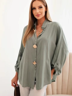 Dámska košeľa z viskózy s ozdobnými gombíkmi a khaki golierom