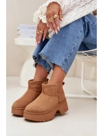 Śniegowce Damskie Niskie Wsuwane Ocieplane Futerkiem Camel Mavelle