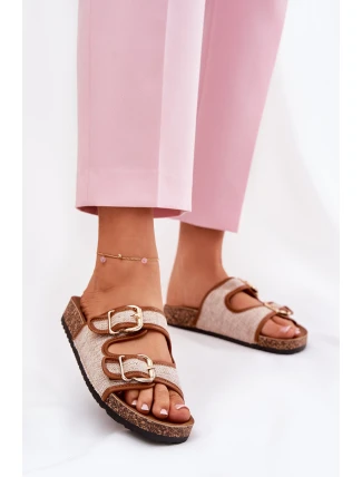 Materiałowe Klapki Damskie Na Korkowej Platformie Z Klamrami Camel Osoffe