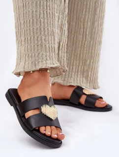 Klapki Damskie Na Płaskim Obcasie Ze Złotą Ozdobą Czarne Karinma