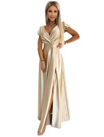 Dámske saténové dlhé šaty s výstrihom Numoco CRYSTAL - zlaté