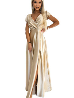 Dámske saténové dlhé šaty s výstrihom Numoco CRYSTAL - zlaté